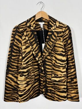 WBZ1 {Chicos} Brown Black Animal Tiger Print Cotton Blazer Suit Coat Jacket